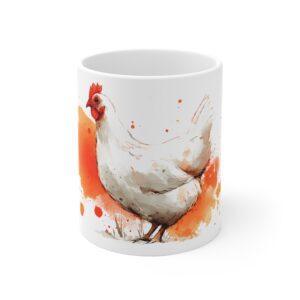 Huhn Aquarell Tasse - Weißes Bauernhof Huhn mit orangefarbenen Aquarellspritzern