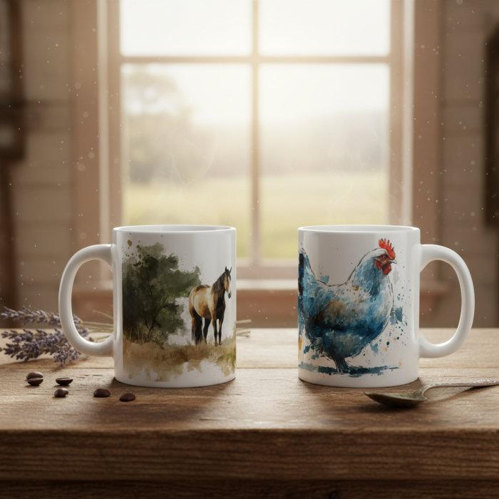 Zwei Aquarell Tassen, eine mit einem Pferd und die andere mit einem Huhn, auf einem Holztisch.