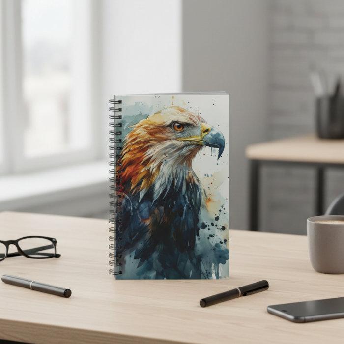 Notizbuch mit einem farbenfrohen Adler-Design auf dem Cover, platziert auf einem Tisch.