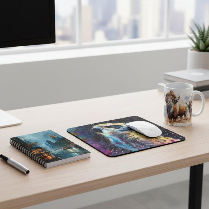 Mausteller mit einem bunten Tiermotiv, Notizbuch und Tasse auf einem Schreibtisch.