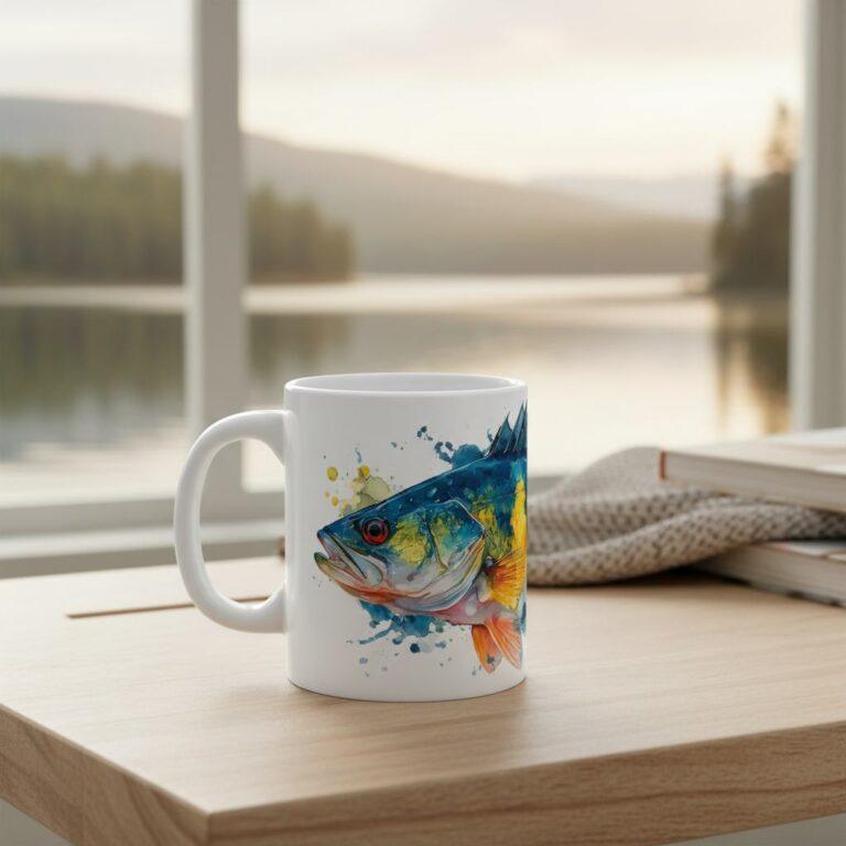 Weißer Kaffeebecher mit buntem Fischdesign, platziert auf einem Holztisch.